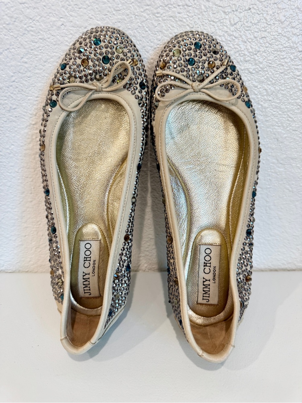 Jimmy Choo Wray Crystal Studded Leather Ballet Flats Bow Cream Gold EU 37 US 7